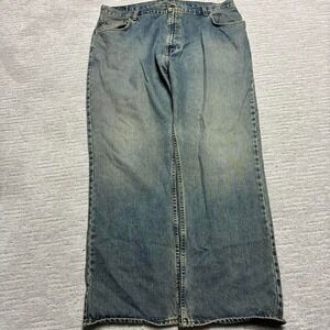 Men's y2k 2000s dark wash denim stacked relaxed flared low bootcut faded jeans